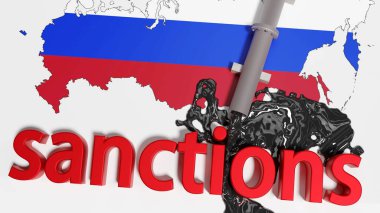 Rus petrol kaynaklarına uygulanan yaptırımların 3 boyutlu çizimi. Rus petrolüne bağımlılık kavramı. Rusya 'ya karşı yaptırımlar. 
