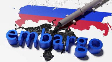 Rus petrol kaynaklarına uygulanan ambargonun 3D çizimi. Rus petrolüne bağımlılık kavramı. Rusya 'ya karşı yaptırımlar. 