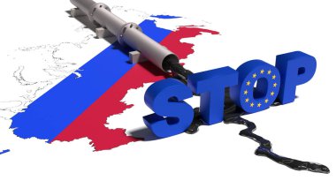 Rus petrolünün Avrupa Birliği tarafından satın alınmasına ilişkin yasağın 3 boyutlu bir illüstrasyonu. Rus petrolüne bağımlılık kavramı. Rusya 'ya karşı yaptırımlar. 3B görüntüleme 