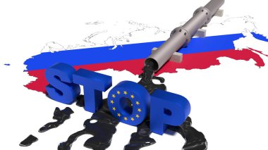 Rus petrolünün Avrupa Birliği tarafından satın alınmasına ilişkin yasağın 3 boyutlu bir illüstrasyonu. Rus petrolüne bağımlılık kavramı. Rusya 'ya karşı yaptırımlar. 3B görüntüleme 