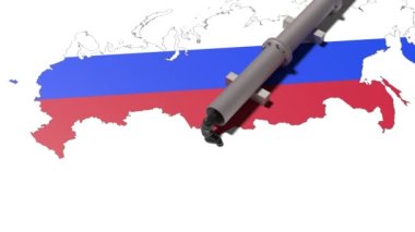 Rus haritasının arka planındaki bir borudan dökülen Rus petrolünün 3D çizimi. Rus petrolüne bağımlılık kavramı. Rusya 'ya karşı yaptırımlar. 3B görüntüleme 