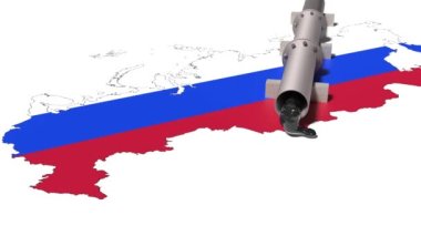 Rus haritasının arka planındaki bir borudan dökülen Rus petrolünün 3D çizimi. Rus petrolüne bağımlılık kavramı. Rusya 'ya karşı yaptırımlar. 3B görüntüleme 