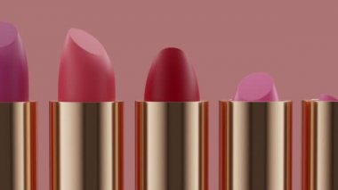 Ruj setinin 3 boyutlu animasyonu. Moda kozmetikleri. Makyaj tasarımı arka planı. Reklam için el ilanı, afiş, el ilanı şablonu kullanın.