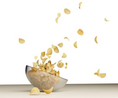 Şeffaf cam tabakta düşen patates cipslerinin üç boyutlu bir çizimi. Uçan patates cipsi.