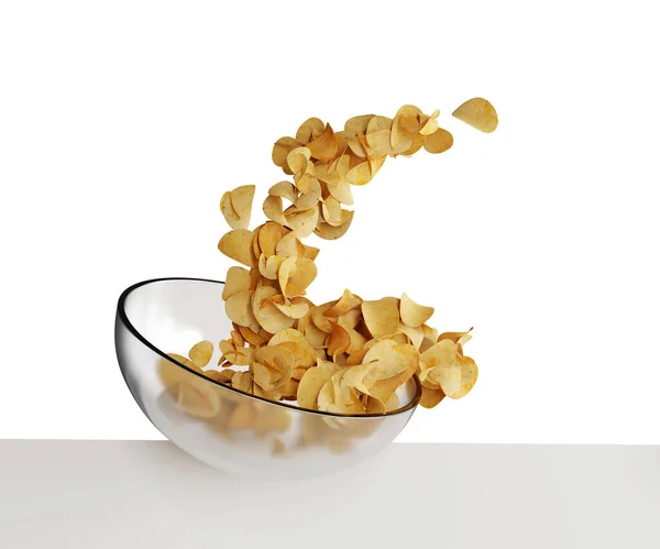 Illustration Falling Potato Chips Transparent Glass Plate Flying Potato Chips — Stock Photo, Image