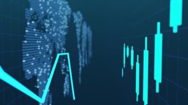 Borsa grafiklerinin 3 boyutlu animasyonu. Kripto para birimi şeması. Yüksek teknoloji stil çizelgesi. Finansal teknoloji konsepti. Elektronik para.