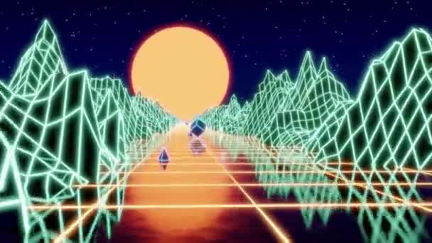 Loopte Stilisierte Vintage Cyberpunk Animation Mit Bergen Sonne Stil Der — Stockvideo