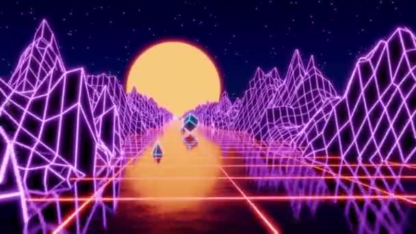 Animație Cyberpunk Stilizată Epocă Munți Soare Stilul Anilor Peisaj Lumină — Videoclip de stoc