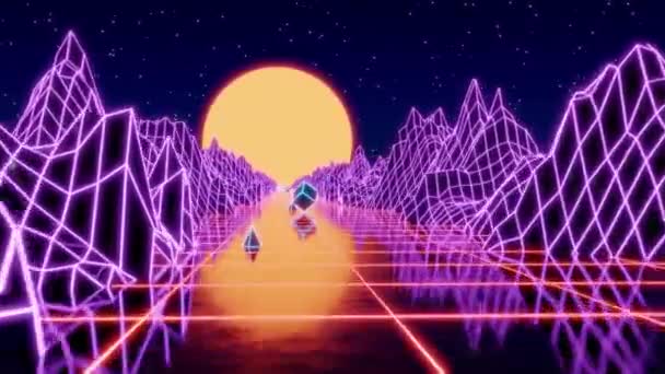 Loopte Stilisierte Vintage Cyberpunk Animation Mit Bergen Sonne Stil Der — Stockvideo