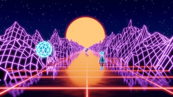 3D stilize edilmiş dağları olan klasik siber punk, 80 'ler, 90' lar tarzında güneş. Neon ışığı ve düşük çokgen ızgaralı manzara. Siberpunk 3d illüstrasyon