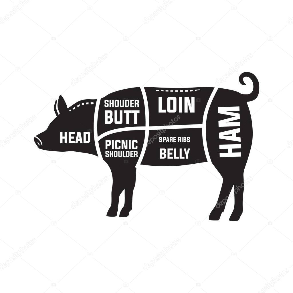 pig, healthy carcass logo, silhouette of pig body and it name vector illustration