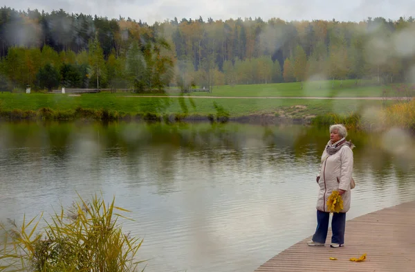 Schieten Door Nat Glas Een Oudere Vrouw Wandelt Een Herfstpark — Stockfoto