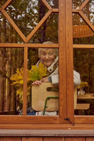 这张照片是通过一个反映树木的窗户拍摄的 一位老妇人正坐在窗前 手里拿着一束黄色枫叶 — 图库照片