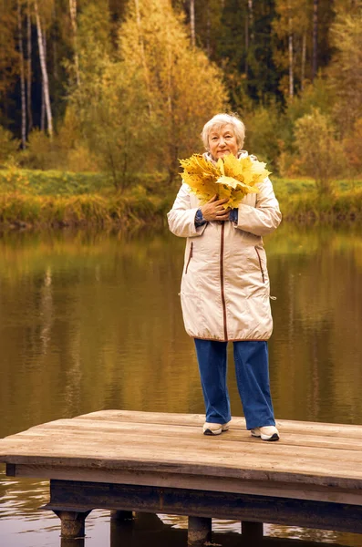 秋天公园的一座池塘上 站在一座木桥上的一位老妇人站着一束黄色枫叶 穿着一件浅薄的夹克 — 图库照片