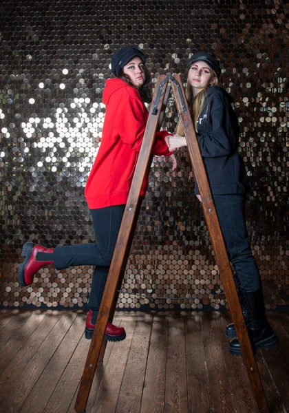 Zwei Mädchen Teenager Alter Stehen Auf Einer Hölzernen Leiter Der — Stockfoto