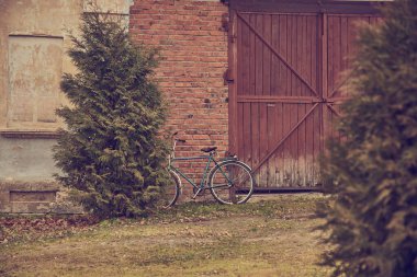 Eski bir bisiklet yeşil çimlerin üzerinde tuğla bir duvara karşı duruyor..