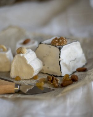 Paket kağıdında beyaz küflü çeşitli peynir türleri. Ev yapımı, doğal ürünler.