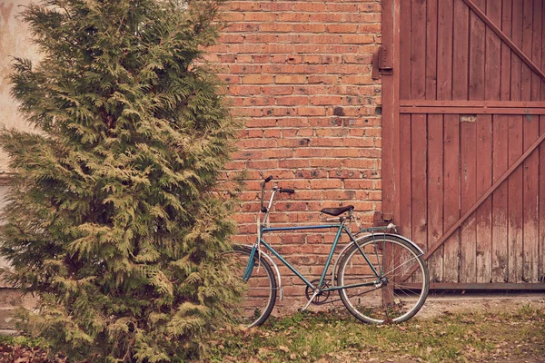Gammal Cykel Står Mot Tegelvägg Det Gröna Gräset — Stockfoto