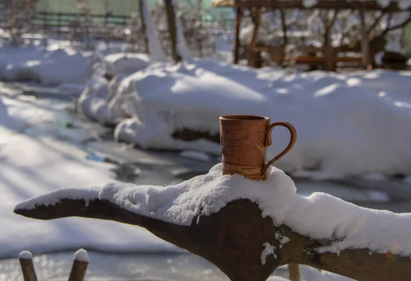 Birch Bark Mug Background Winter Sunny Landscape Dishes Made Environmentally — Stock Photo, Image