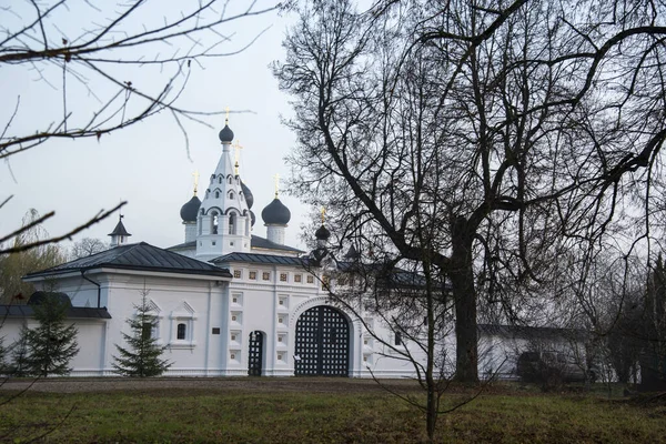 Piękny biały klasztor. Jesienny mglisty dzień. — Zdjęcie stockowe