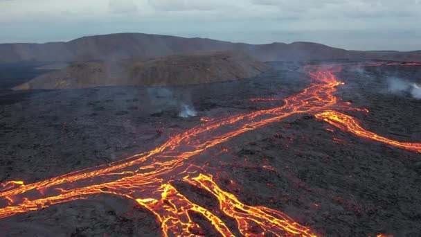 Iceland. Volcanic eruption.Impressive aerial view of the exploding red lava from the Active Volcano. — Stock Video