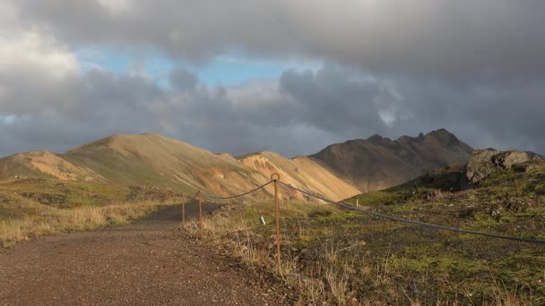 Izland. Színes hegyek a túraútvonalon. Többszínű kőzetek, ásványi anyagok, fű és moha rétegek kombinációja. Földimalac. — Stock videók
