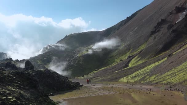 IJsland. Kleurrijke bergen op de wandelweg. De combinatie van lagen van veelkleurige rotsen, mineralen, gras en mos. Landmannalaugar. — Stockvideo