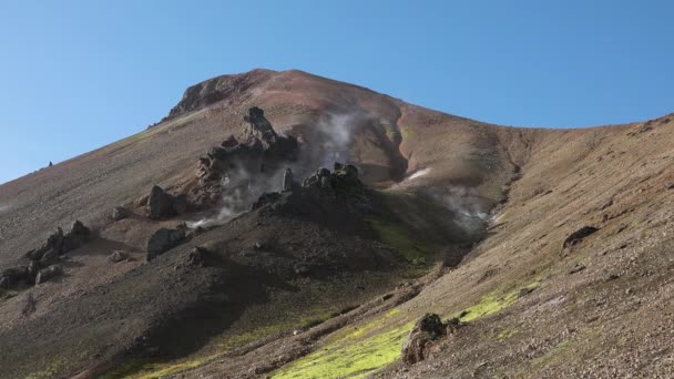 冰岛。多彩的高山在远足的小径上.多彩的岩石、矿物、青草和苔藓层的组合。Landmannalaugar. — 图库视频影像