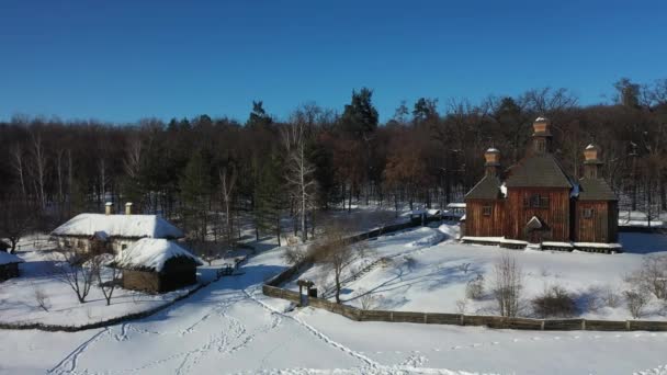 Πρωτοχρονιά στο χωριό. Χειμερινό τοπίο. Αεροφωτογραφία. Παραδοσιακό ουκρανικό χωριό το χειμώνα — Αρχείο Βίντεο