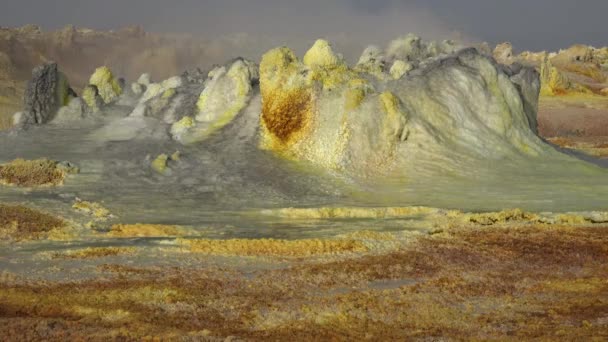 砂漠の幻想的な色。エチオピアの遠隔地のDanakilうつ病砂漠に位置するDallol火山の酸性火山クレーター — ストック動画
