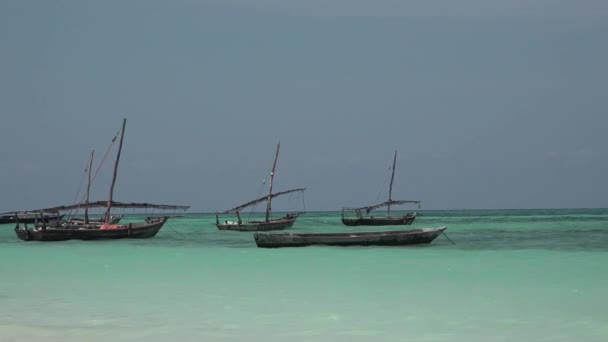 Boats of African fishermen in the Indian Ocean. Lot of African traditional wooden boats anchored on shallow water by the — Stock Video