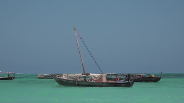 Boats of African fishermen in the Indian Ocean. Lot of African traditional wooden boats anchored on shallow water by the — Stock Video