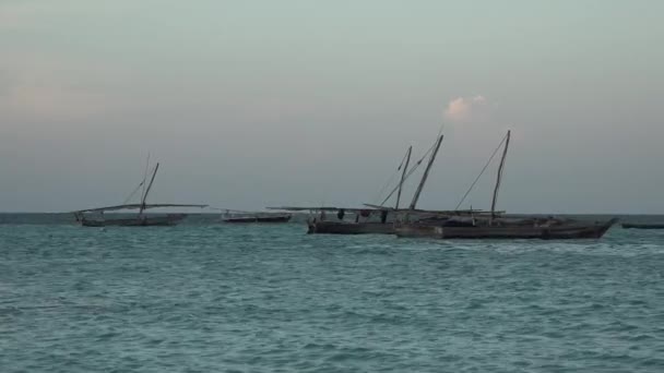 Лодки африканских рыбаков в Индийском океане. Many of African traditional wooden boats anchored on shallow water by the — стоковое видео