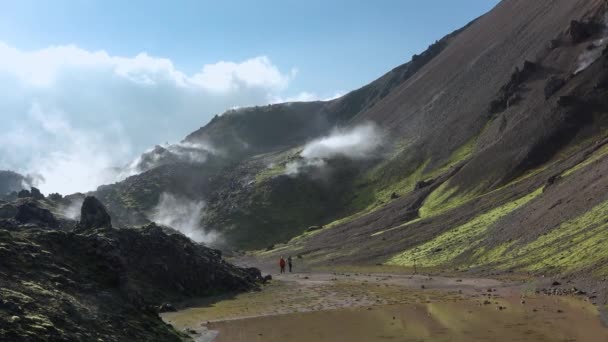 Исландия. Геотермальное поле с фумаролами и гейзерами. Площадь с естественными вентиляционными отверстиями. Курящие фумаролы. — стоковое видео