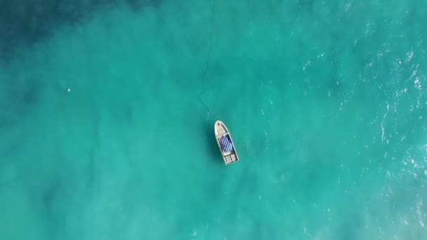 坦桑尼亚。在桑给巴尔岛附近，空中拍摄的渔船在碧绿的印度洋海浪中漂浮。再加一个点 — 图库视频影像