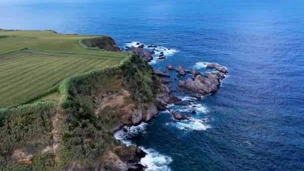 사우 미구엘 섬,아 조레스, 포르투갈. 유럽의 아름다운 풍경 위를 날고 있다. 대서양내의 그림같은 시골 지역을 보여 주는 드론 영상 — 비디오