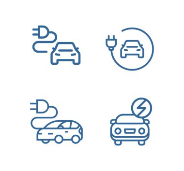 Elektrikli araba ikonu seti. Elektrikli otomobil kablo hattı ve şarj eden siyah sembol. Çevre dostu elektro araç konsepti. Vektör elektrik illüstrasyonu