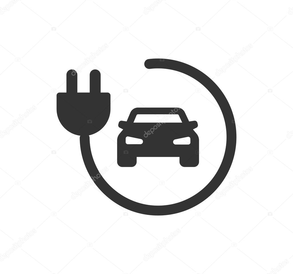 Electric car icon set. Electrical automobile cable contour and plug charging black symbol. Eco friendly electro auto vehicle concept. Vector electricity illustration