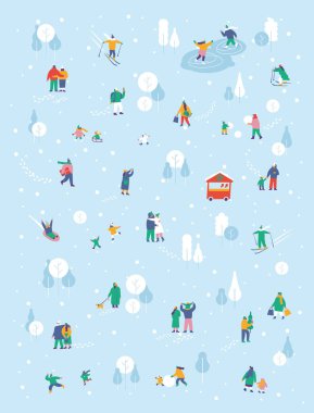 Kış parkında sıcak giysiler içindeki mutlu insanlar. Kış aktiviteleri arka planda kayak, kayak, kartopu atmak, kardan adam yapmak. Düz Vektör tasarımı, tamamen düzenlenebilir. 