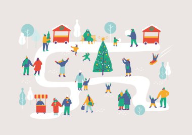 Karlı kış parkında sıcak giysiler içinde mutlu insanlar. Geçmişi olan insanlar. Kışın açık hava aktiviteleri. Buz pateni, kayak, kartopu atmak, kardan adam yapmak. Düz Vektör insanları ayarlandı. Dosyalar tamamen düzenlenebilir. 