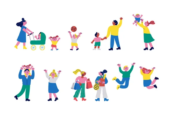 伝統的な漫画の男性と女性の文字 高齢者 カップル 子供を持つ親 野外活動 幸せな人 白地に隔離されたベクトル文字 — ストックベクタ