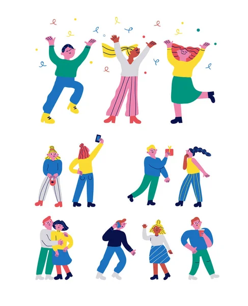 Happy people, friendship. Cartoon People characters vector set. Traditional modern cartoon people. Male and Female characters have fun. Young people. Vector characters isolated