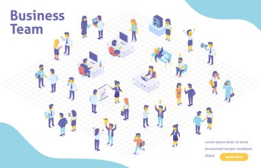 Birlikte Çalışma Alanındaki Çizgi Film İş İnsanları Karakterleri. İş adamı ve iş kadını Açık Uzay Ofisi 'nde çalışıyor, konuşuyor ve görüşüyorlar. Düz Isometric Vektör İllüstrasyonu.