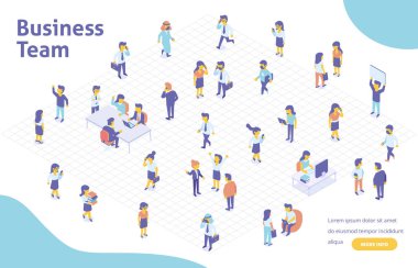 Birlikte Çalışma Alanındaki Çizgi Film İş İnsanları Karakterleri. İş adamı ve iş kadını Açık Uzay Ofisi 'nde çalışıyor, konuşuyor ve görüşüyorlar. Düz Isometric Vektör İllüstrasyonu.