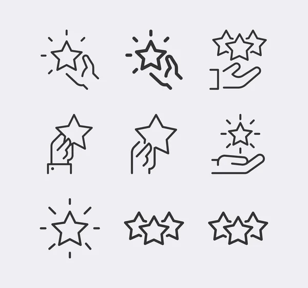 Star Rating, Rezensionszeilen-Symbol. Sterne in der Hand Vektorzeilen-Symbol — Stockvektor