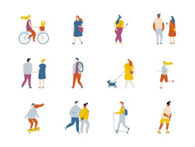 Açık hava aktiviteleri düz vektör karakterler silueti. İnsanlar scooter, patenler, kaykay, kaykay, koşu, köpekle yürüyüş.