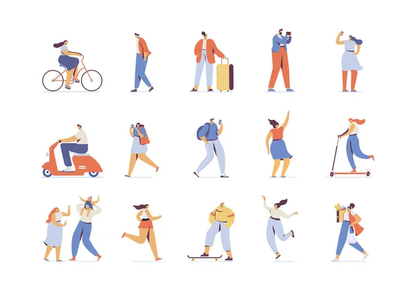 Flat men and women outdoor street characters collection. Different poses, moving, standing — Archivo Imágenes Vectoriales