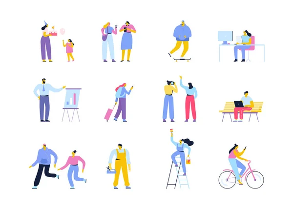Collection of flat cartoon men and women isolated on white background. Happy family, parents, couples, friends, business people, riding bicycle, working with laptop — Stockvector