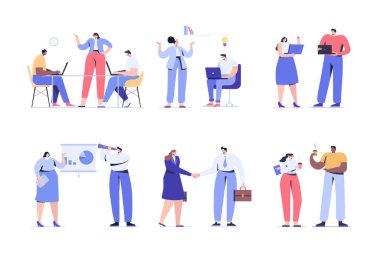 Takım çalışması. İş adamları düz vektör koleksiyonu.