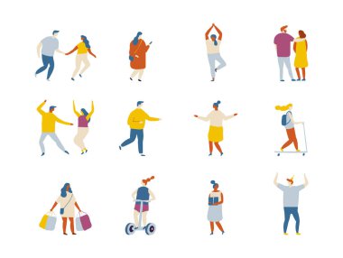 Açık hava aktiviteleri düz vektör karakterler silueti. İnsanlar scooter, patenler, kaykay, kaykay, koşu, köpekle yürüyüş.